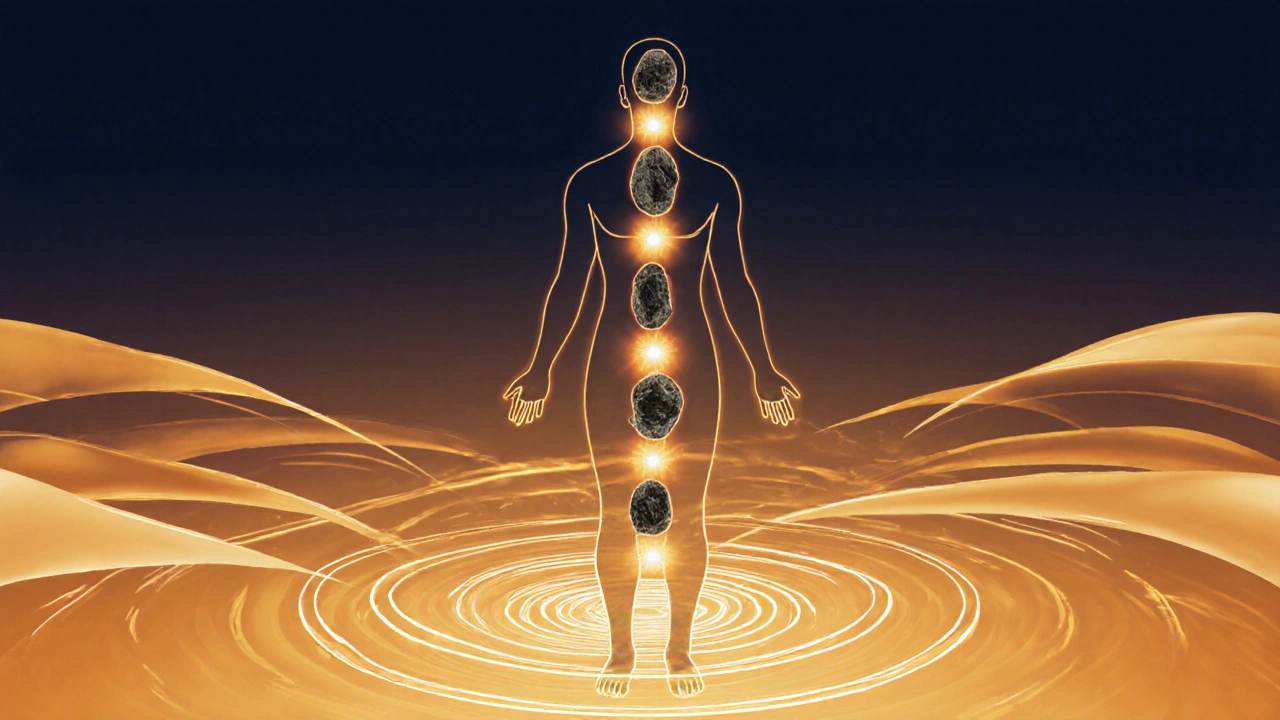 Abstracte silhouet van lichaam omgeven door warmtegolven, symboliserend diepe ontspanning.