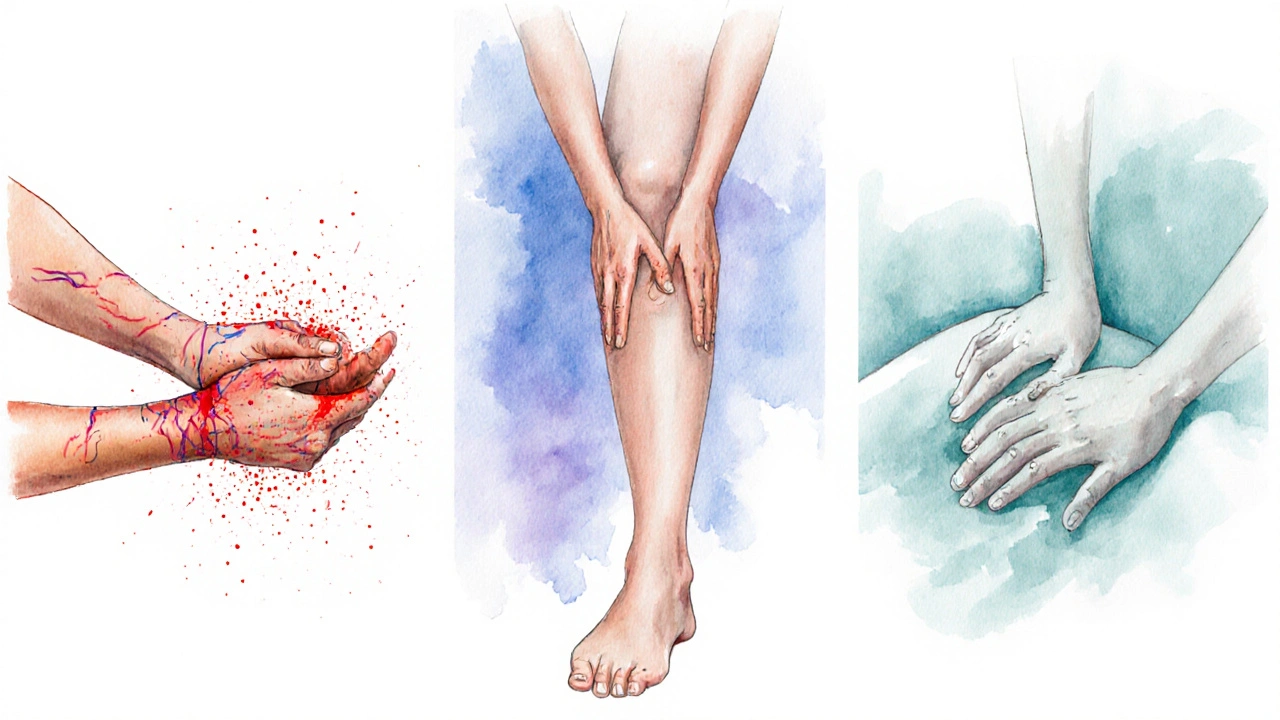 Aquarel van drie massagetechnieken: sportmassage, Thaise stretch, lymfedrainage.