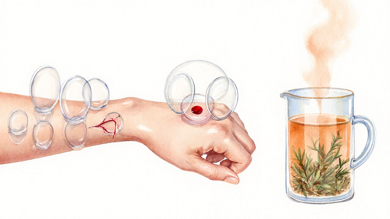 Drie cuppingmethoden: droge cupping, natte cupping met bloed, en kruidencupping met stoom.