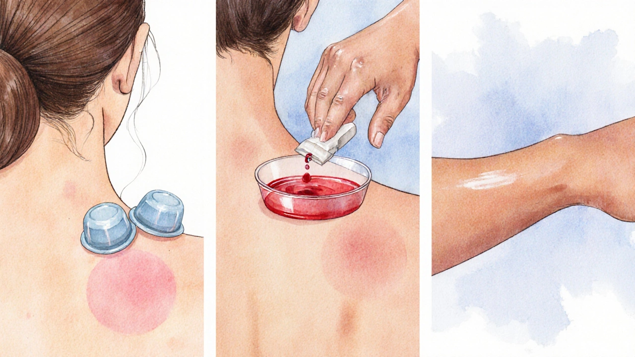 Drie waterverfschilderijen tonen droge, natte en glijdende cupping methoden.