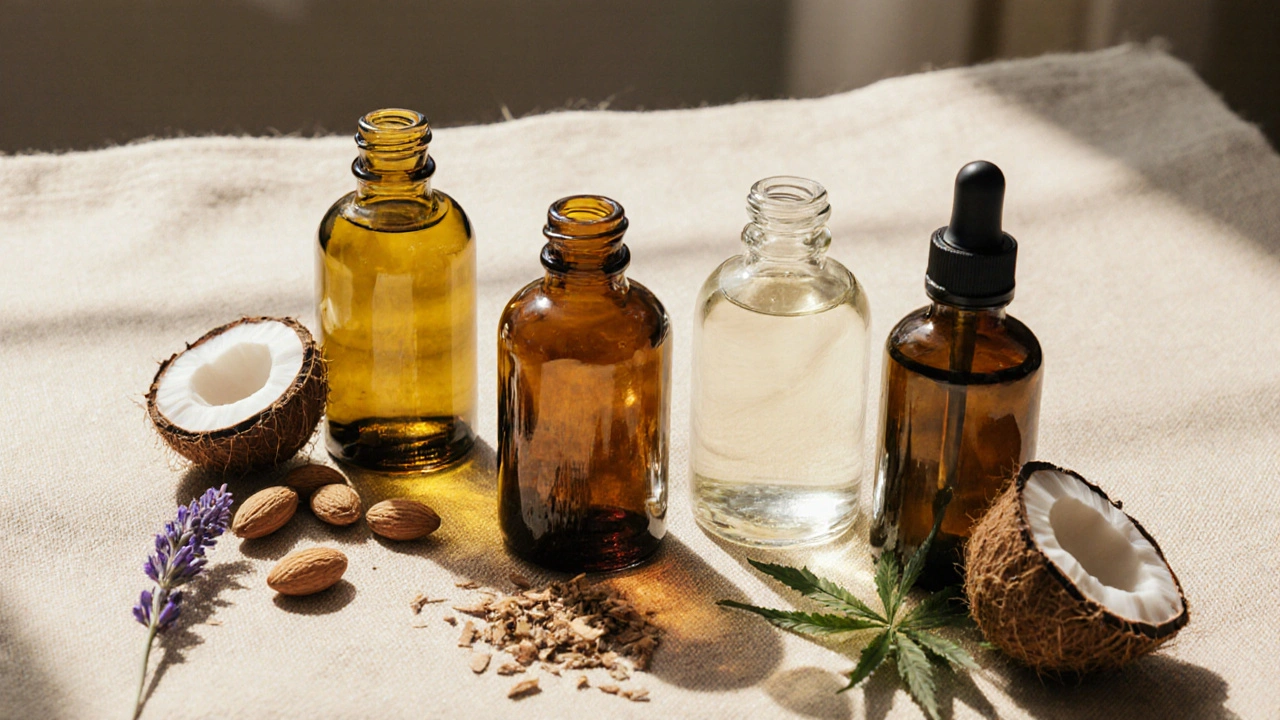 Flat‑lay van jojoba‑, amandel‑, kokos‑ en CBD‑olie omringd door hun natuurlijke ingrediënten.