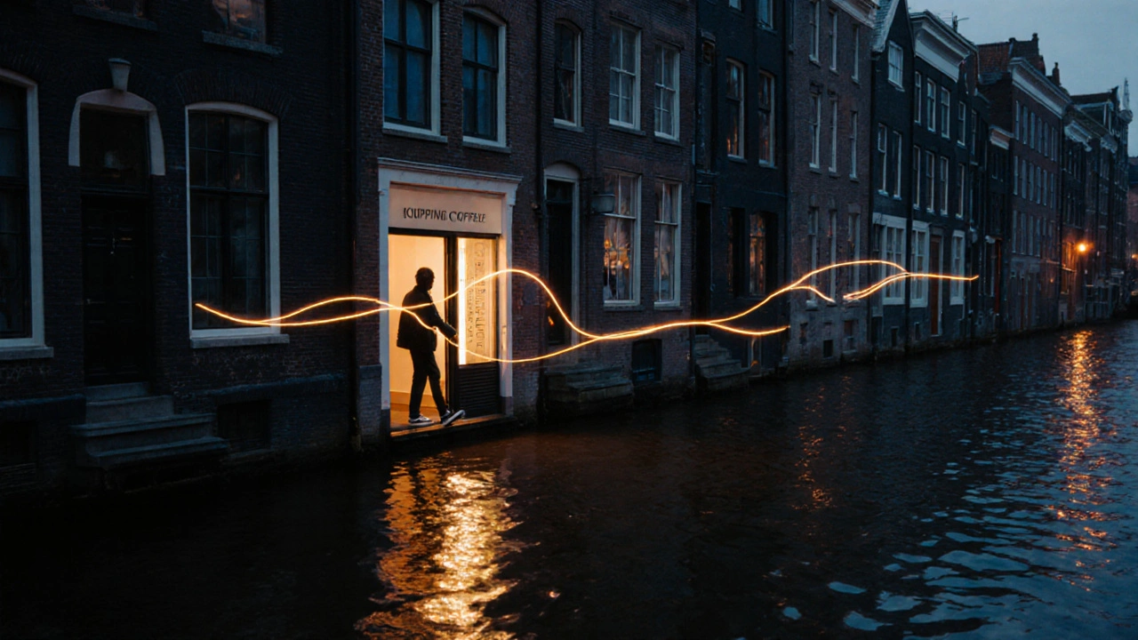 Gouden uur in Amsterdam met een verlichte cuppingstudio‑deur en een figuur die naar binnen stapt.