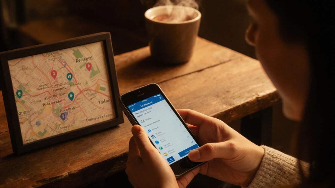 Iemand boekt een lymfedrainage afspraak via smartphone terwijl hij in een gezellig café zit.