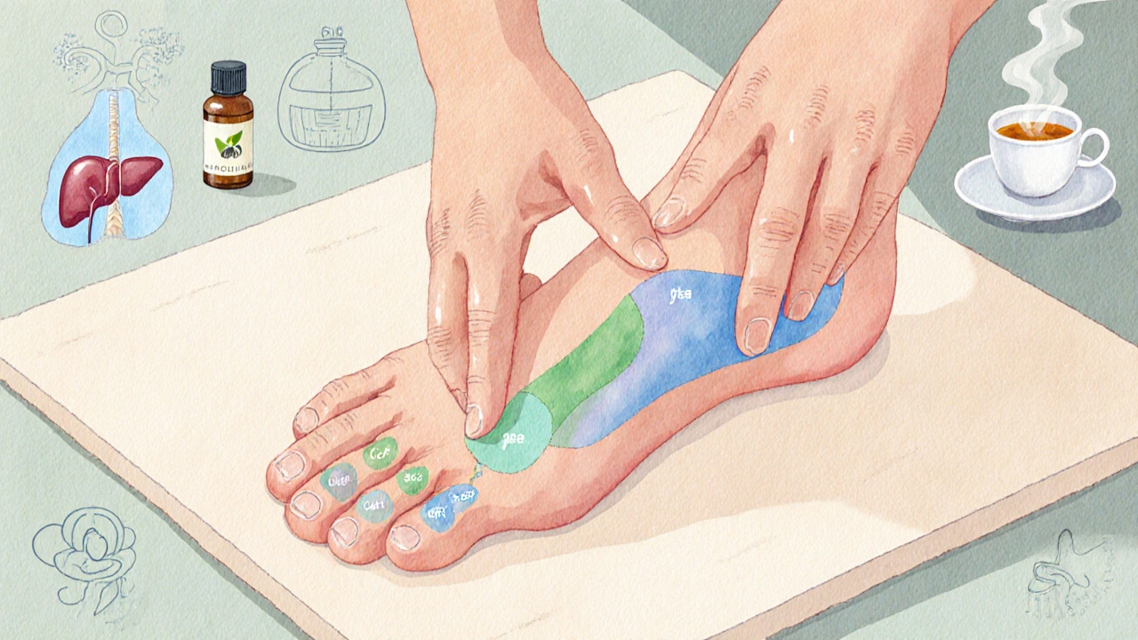 Illustratie van reflexologie op de voet met handen van masseur en organen in kaart.