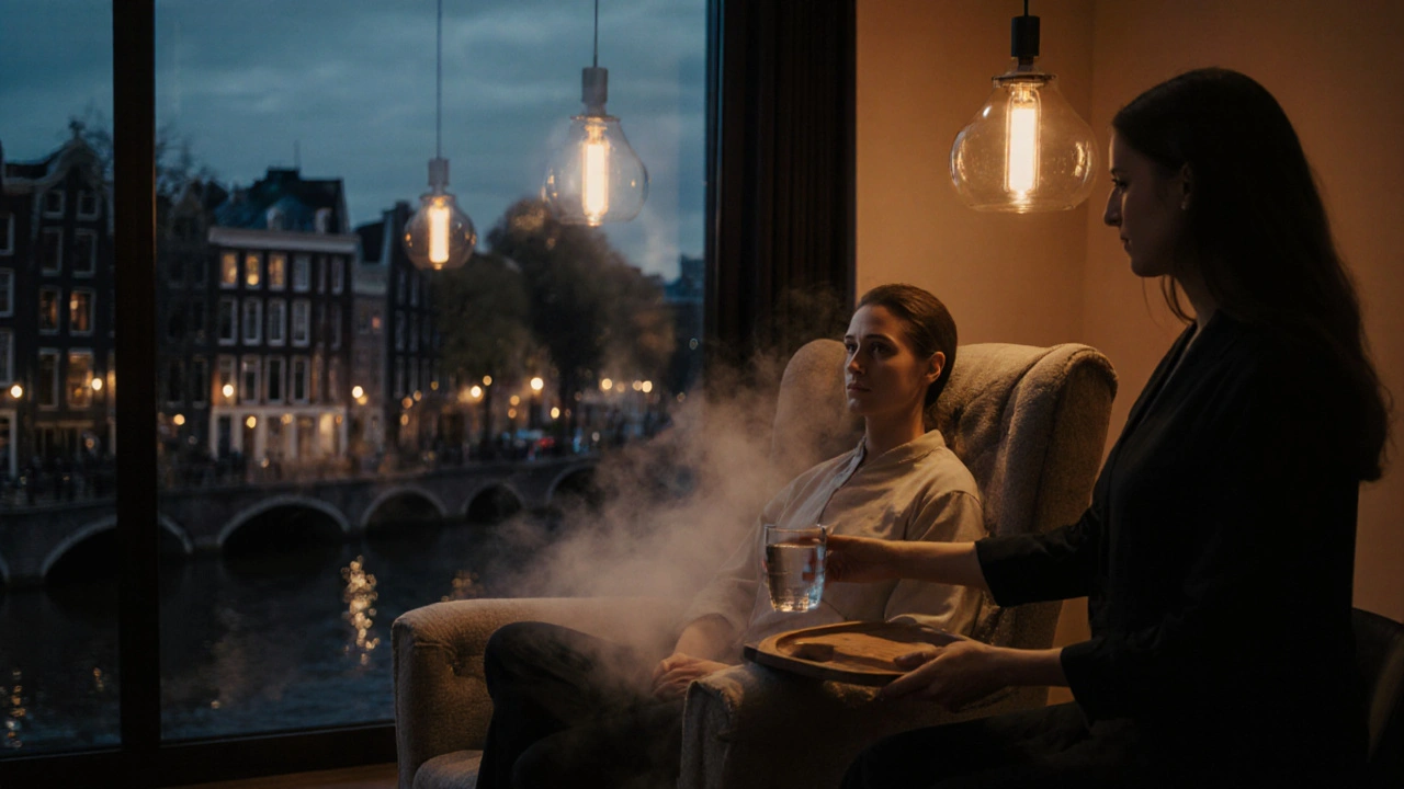 Klant ontvangt water na cupping, met Amsterdamse stadsverlichting op de achtergrond.