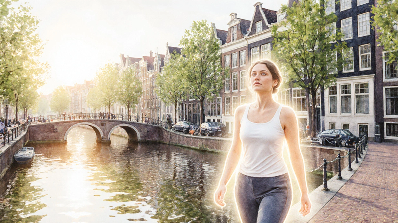 Klant voelt zich lichte, gebalanceerde na de massage, wandelend langs de grachten van Amsterdam met een stralende uitstraling.