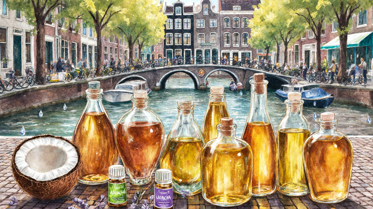Kleurrijk marktstalletje in Amsterdam vol verschillende massageolieflessen en essentiële oliën.