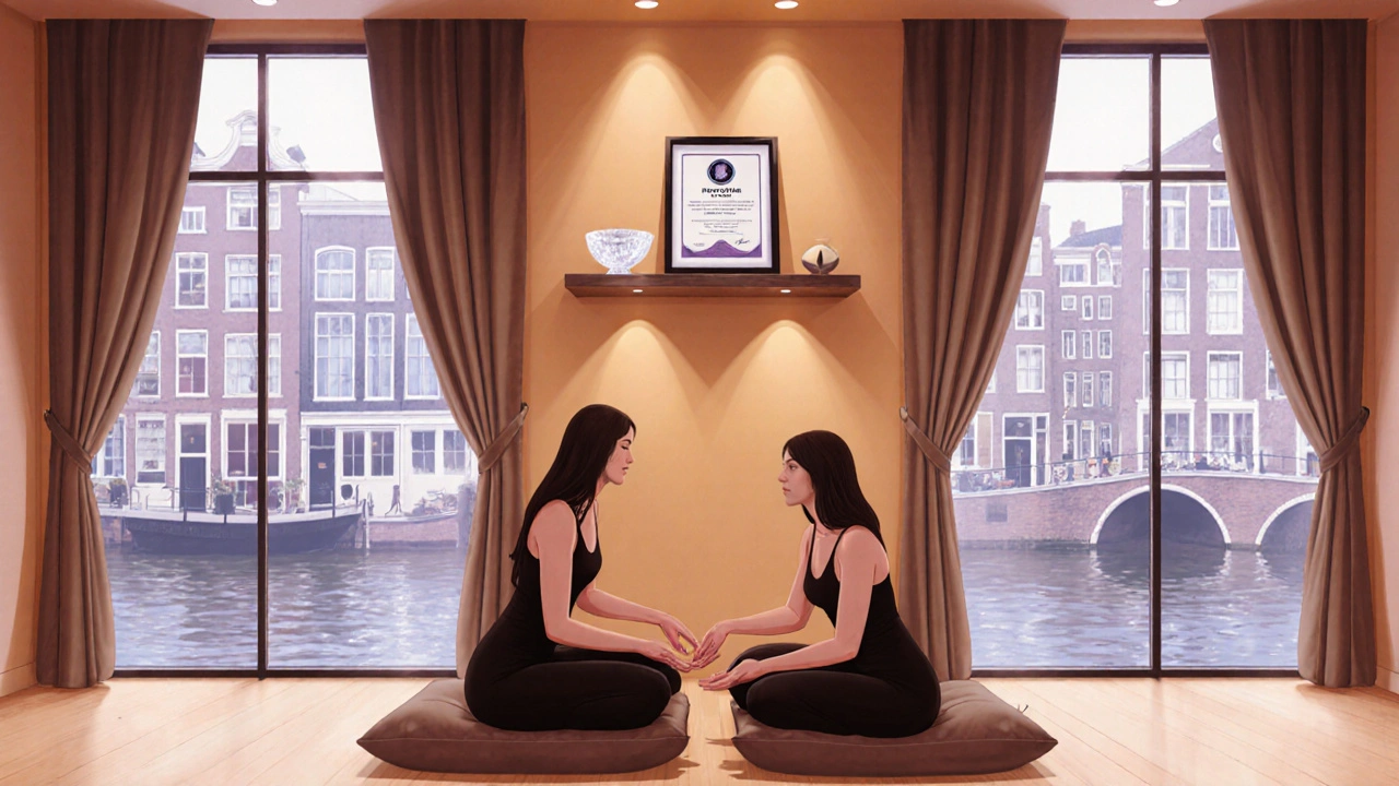 Koppel tantra‑moment: twee personen delen een zachte aanraking in een kalme ruimte.