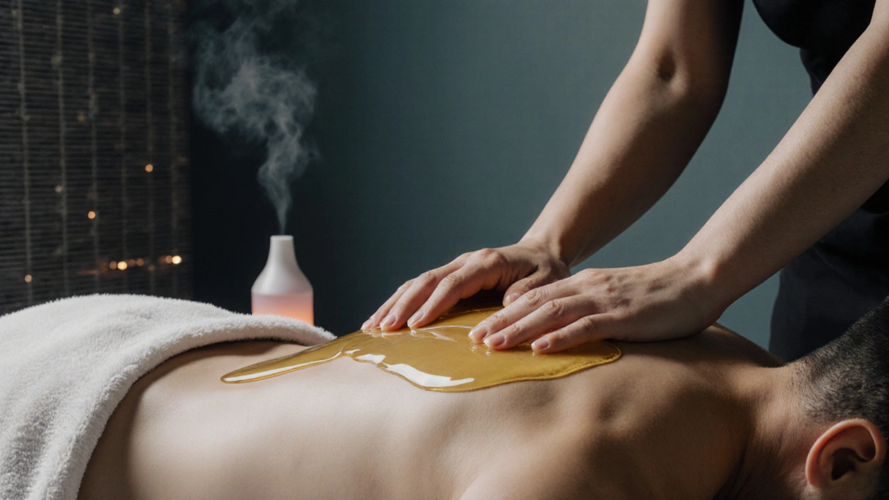 Massage‑therapeut brengt warme olie aan op de rug van een cliënt in een ontspannende spa.