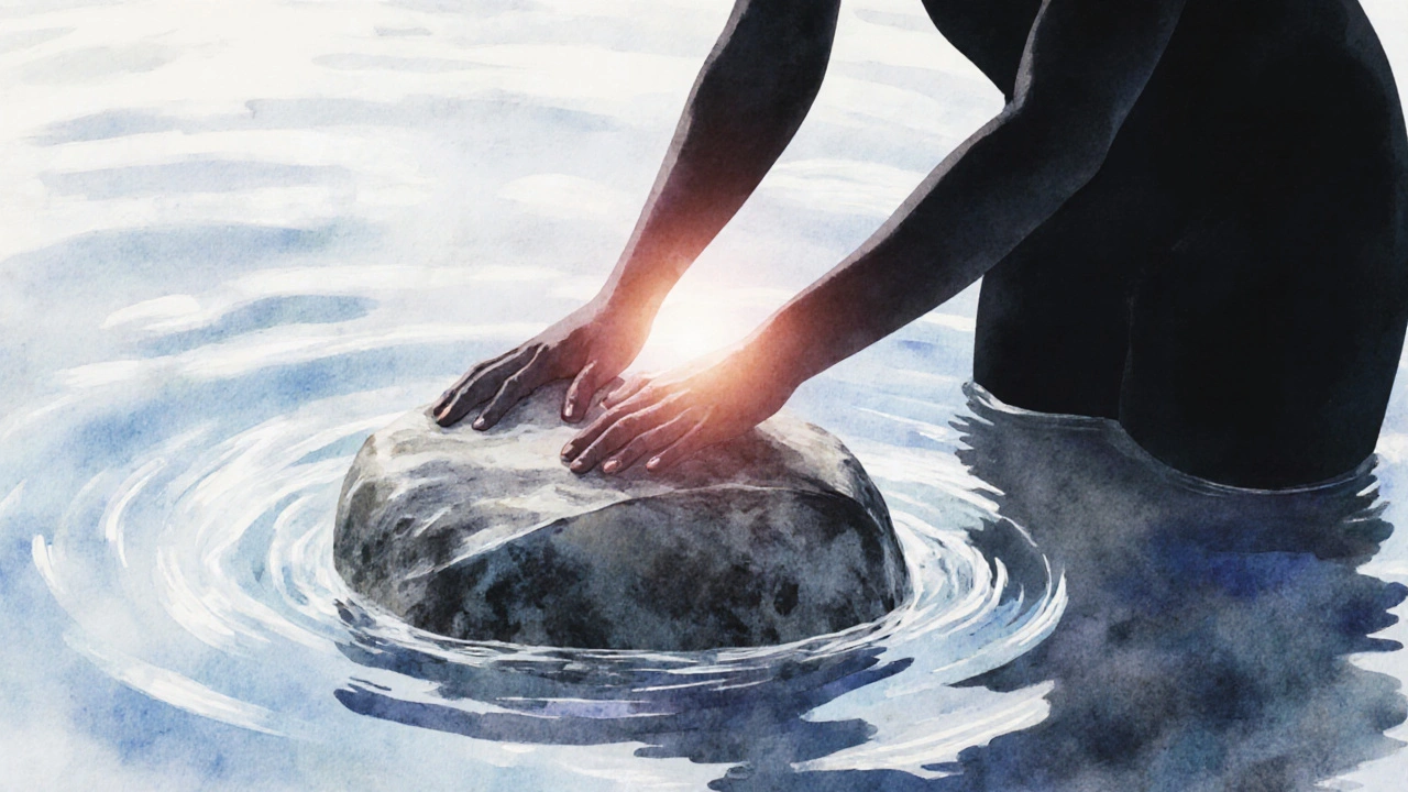 Menselijk lichaam als gladde steen die wordt geslepen door warmte en rust, symbolisch voor ontspanning.