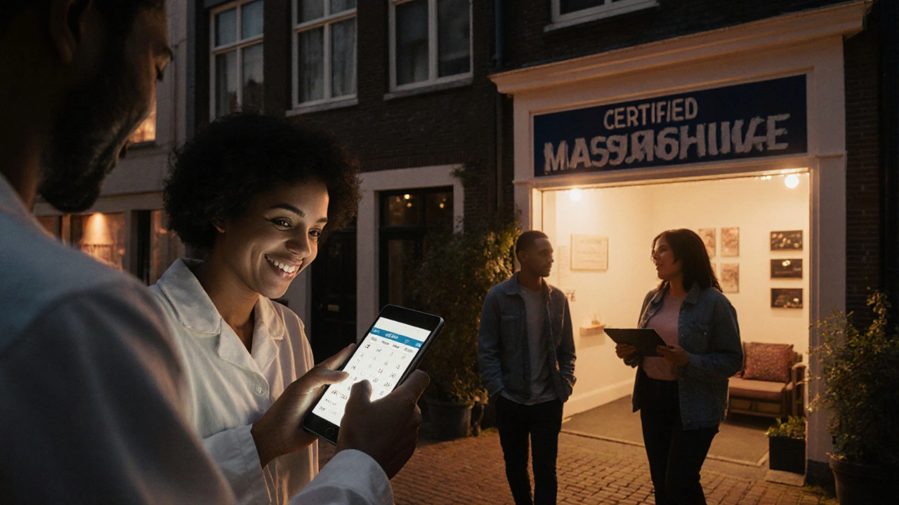 Mensen boeken een massage in de buurt via hun telefoon, in een rustige wijkomgeving.