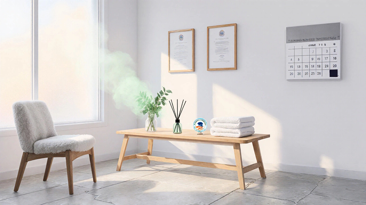 Minimalistische behandelkamer met certificaten, diffuser en rustige wachtruimte.