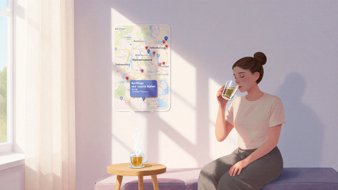 Na de massage ontspannen persoon drinkt water, naast kaart met kortingen.