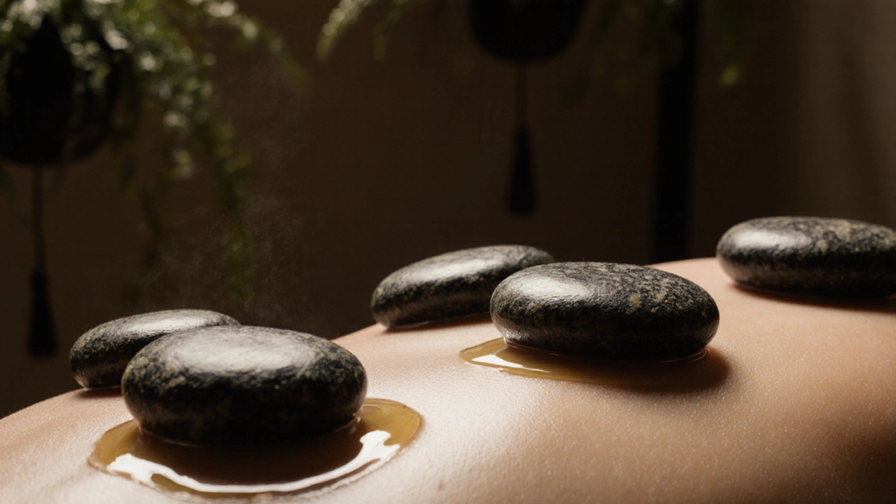 Nauwe opname van warme steen die langzaam over huid glijdt, met olie glinsterend in zacht licht.