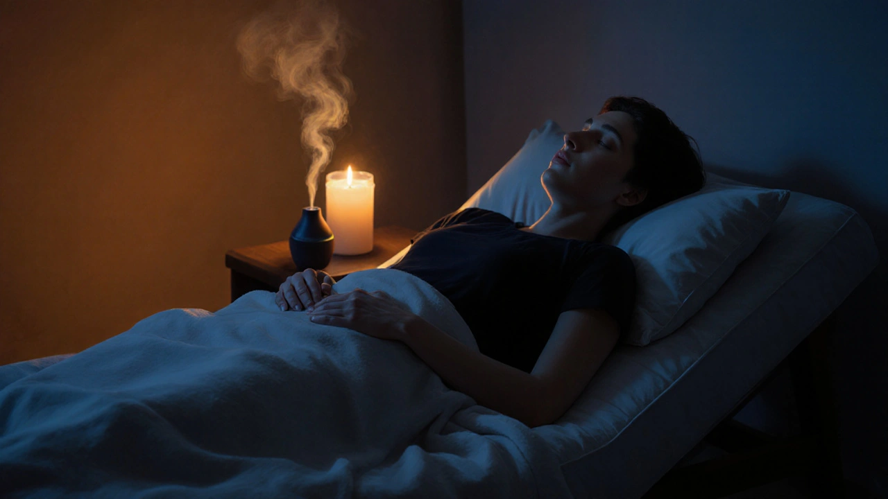Persoon ontspant op een chaise lounge, aromadiffuser en kaarsen geven een warme sfeer.