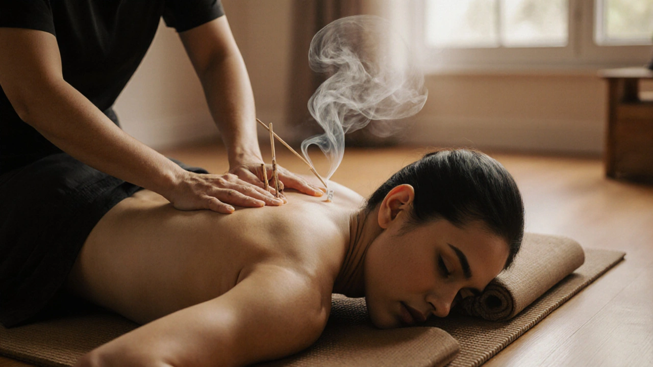 Professionele masseuse die een Thai-massage geeft met de cliënt aangekleed.