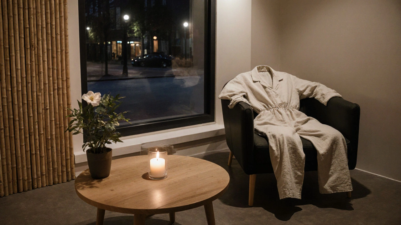 Sfeervol wellnessinterieur in De Pijp met kaars, plant en comfortabele stoel, klaar om te boeken.