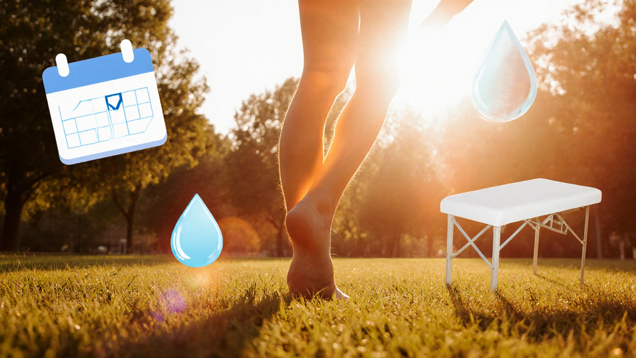 Silhouet dat rekoefening doet in park, omringd door agenda‑, water‑ en massagetafel‑iconen.