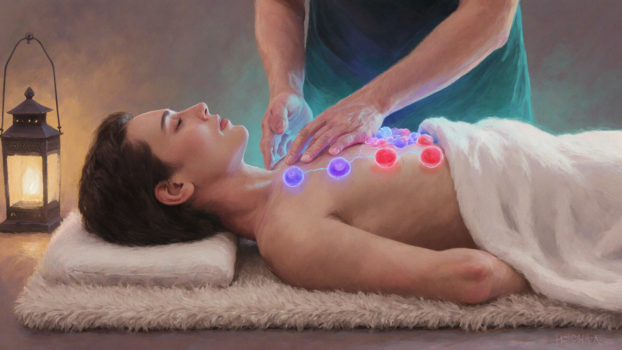 Solo tantra‑sessie: ontspannen lichaam, handsprieten en subtiele chakra‑gloed.