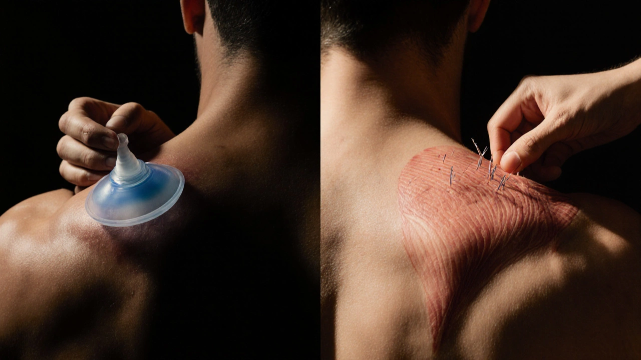 Split‑beeld van cupping met een cup en droge needling met naalden, beide op een rug.