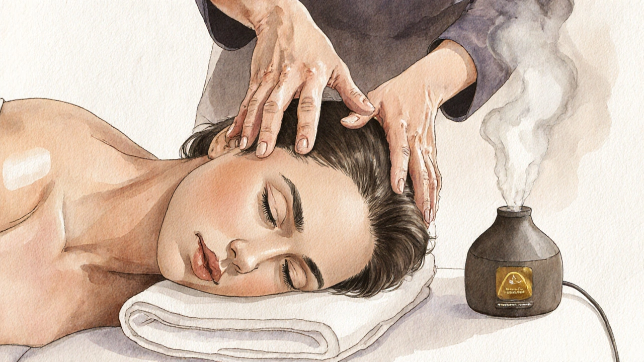 Therapeut voert een Shiatsu-kopmassagesessie uit op een cliënt.