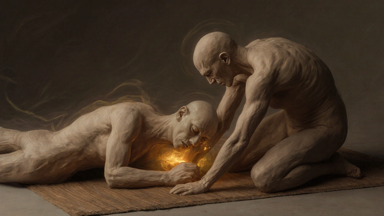 Twee lichamen in zachte, directe huidcontact, zonder kleding, in een kalme, warme omgeving.