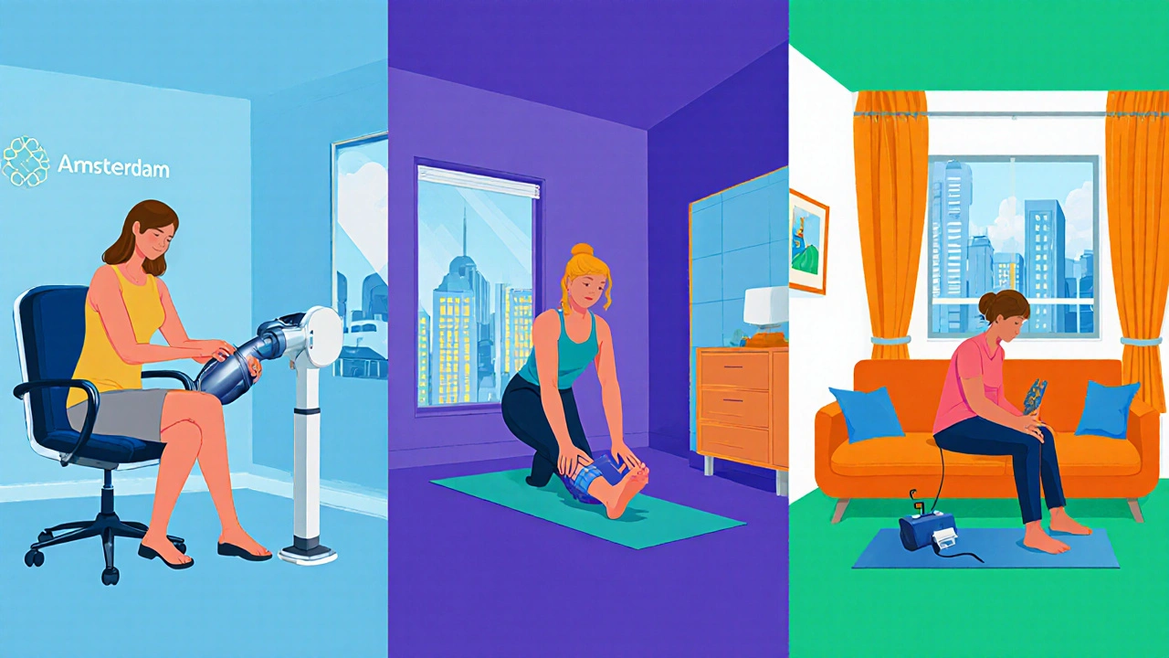 Verschillende lymfedrainage technieken: vacuümmassage, yoga‑pilates, en een thuissessie, afgebeeld in een modern wellnesscentrum.