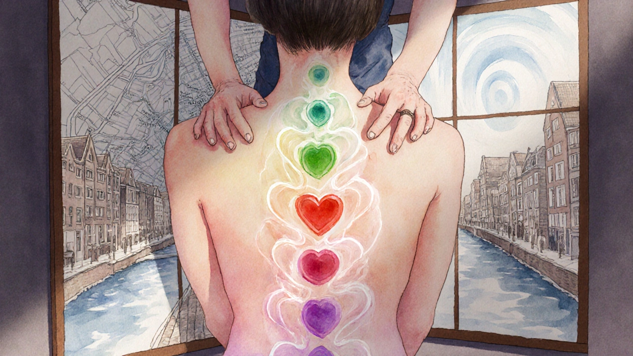 Waterverfschilderij van chakra‑energie stroomt langs de wervelkolom tijdens een massage.