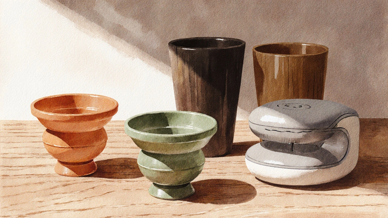 Waterverfschilderij van silicone‑, bamboe‑ en vibrerende cuppingcups op een houten tafel.