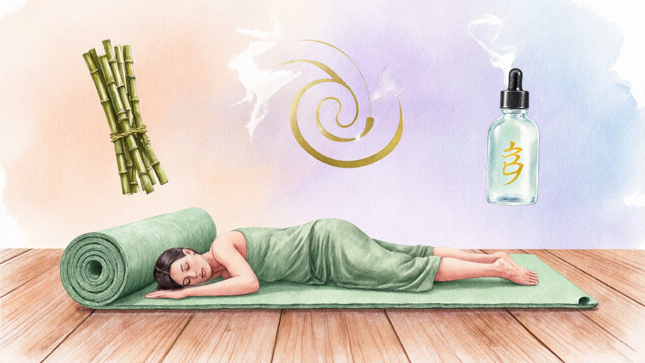 Waterverfte collage van yoga‑rek, bamboestokken, essentiële oliën en een massagemat.
