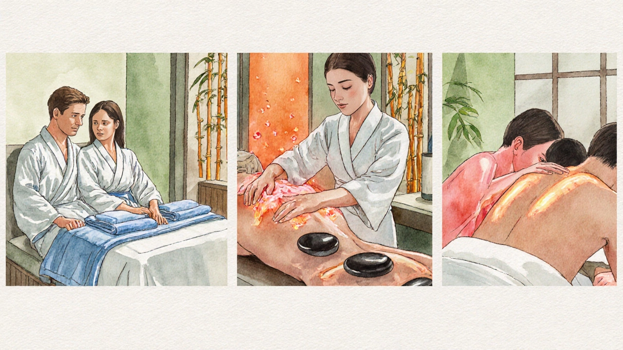 Waterverftekening van vijf verschillende koppelmassagestijlen: Zweeds, Thais, sensueel, deep tissue en hot stone.