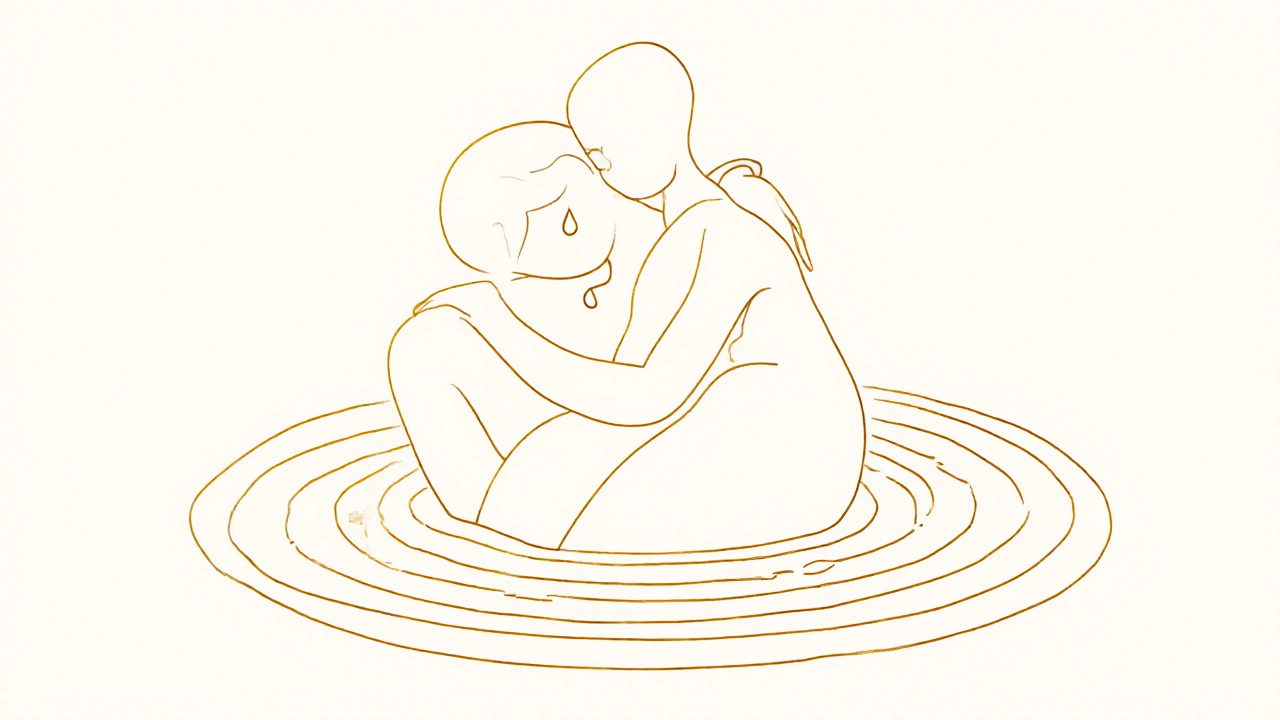 Abstracte vormen die verbinding en ontspanning symboliseren, met gouden accenten die stress wegvloeien.