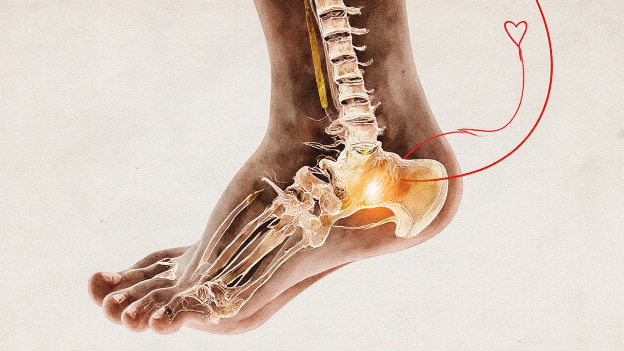 Abstrakte voet als lichaamskaart met verbindingen naar rug, maag en hoofd in zachte kleuren.