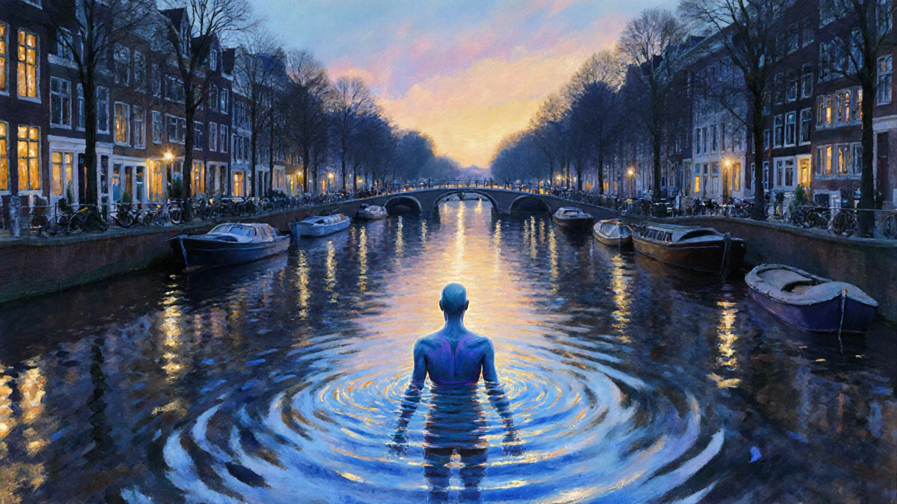 Amsterdamse gracht met een reflectie van een lichaam dat wordt omarmd door water, symbool van rust.