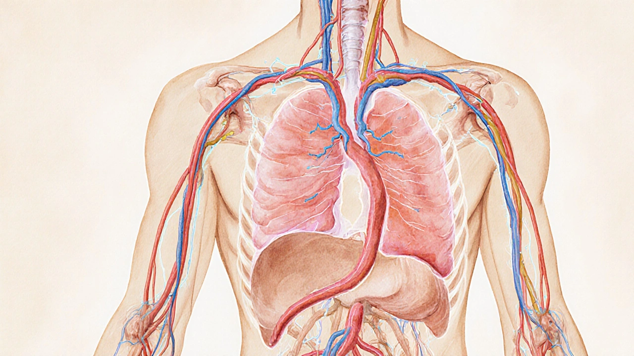 Anatomische weergave van het lymfesysteem met lichtende vaten die vocht naar knooppunten leiden.