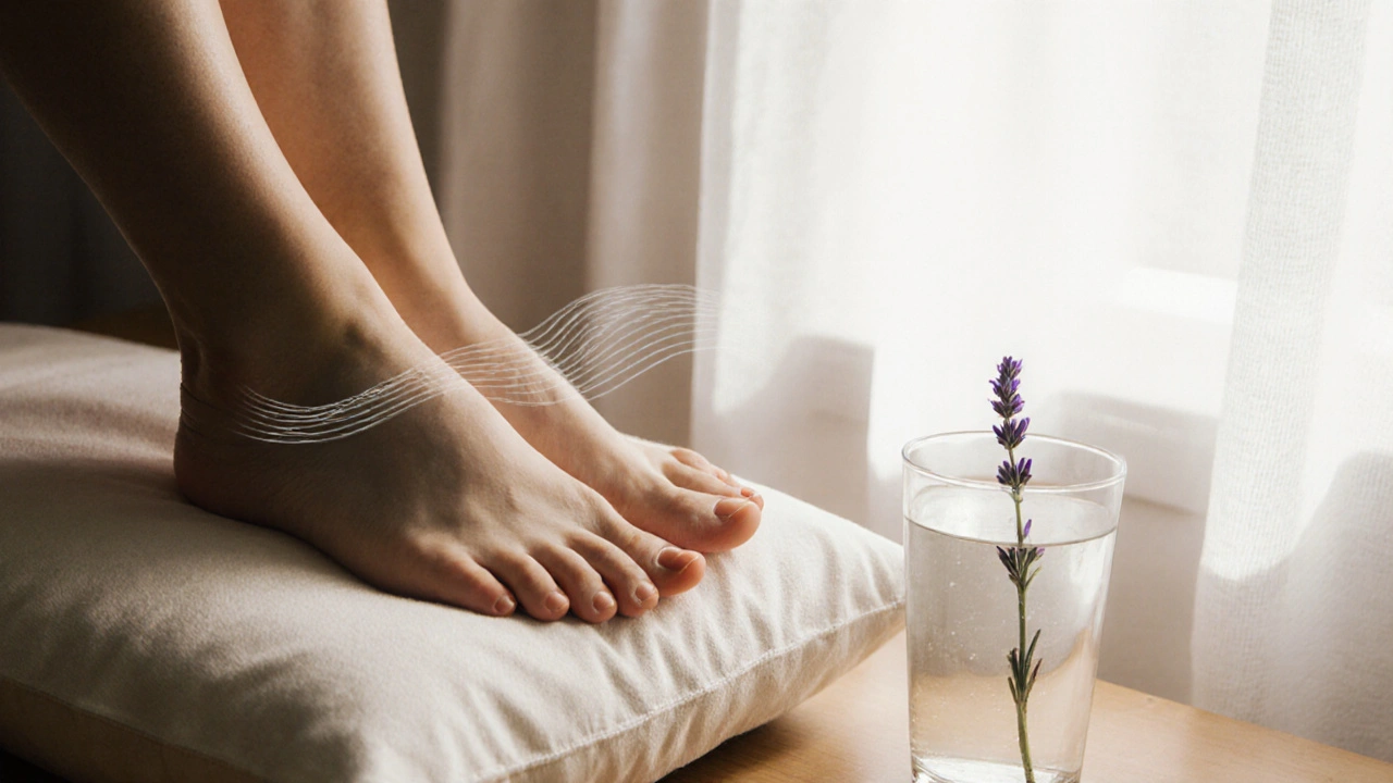 Bare voeten op een kussen met lavendel en water, symboliserend herstel en lymfestroom na een sessie.