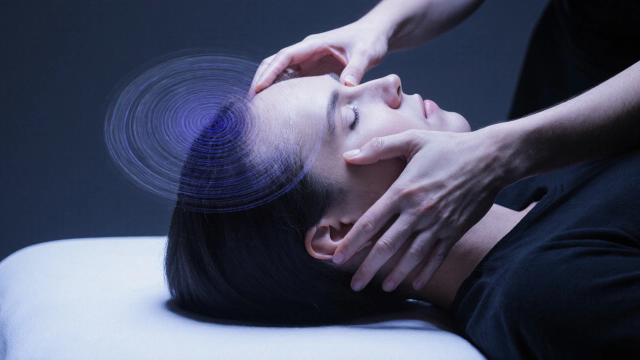 Cliënt in diepe ontspanning tijdens een craniale massage met handen op slapen en achterkant van het hoofd.