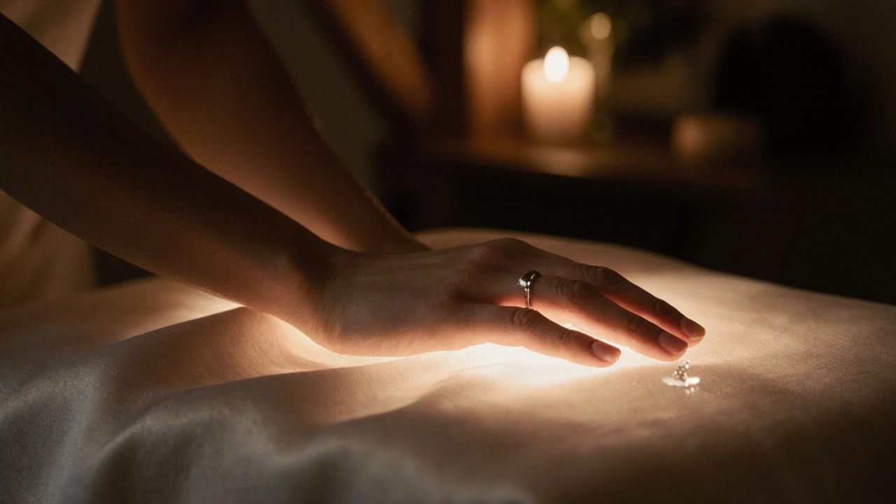 Close-up van een hand op een zijden doek op een massagebank, met zachte warmteglow die door de stof lijkt te stralen.