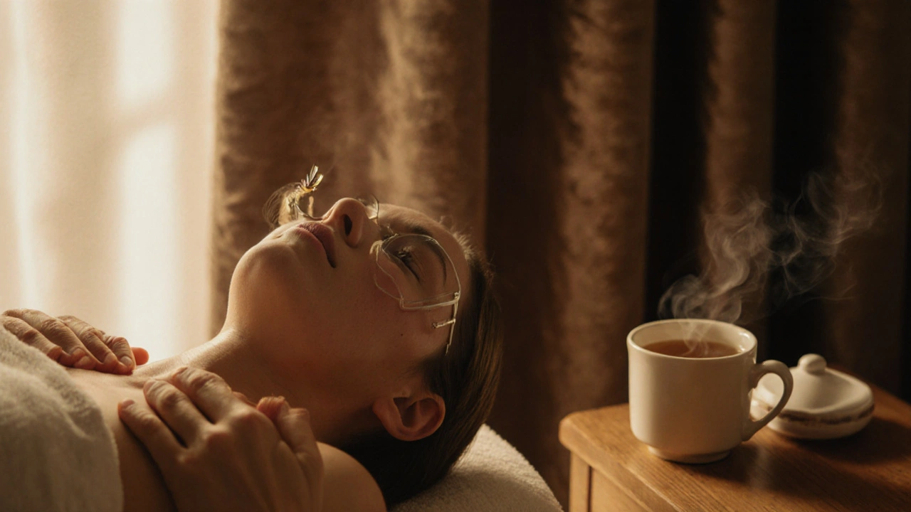 Close-up van een ontspannen gezicht tijdens een massage met lavendelolie en zachte lichtval.