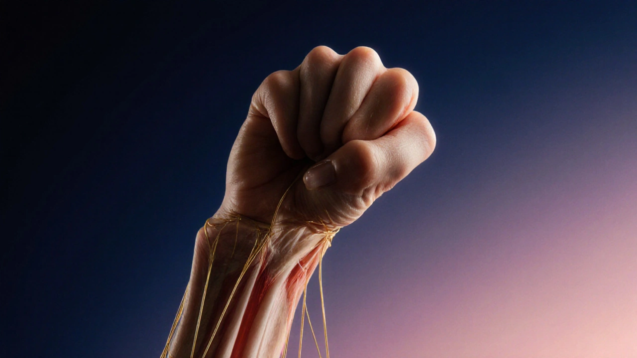 Close-up van een open hand met gouden draden die zich uitstrekken naar de schouder, symboliserend loskomen van spanning.