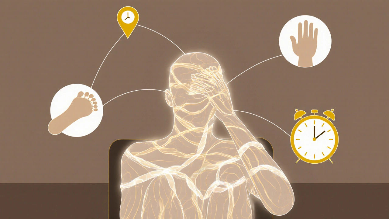 Conceptuele afbeelding van spanning die oplost in rust, met symbooltjes van verschillende massages en een wijkmarkering.