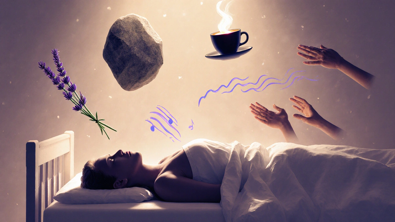 Conceptuele weergave van een luxe thuismassage als een cocoon van rust met zwevende elementen van warmte, geur en zorg.