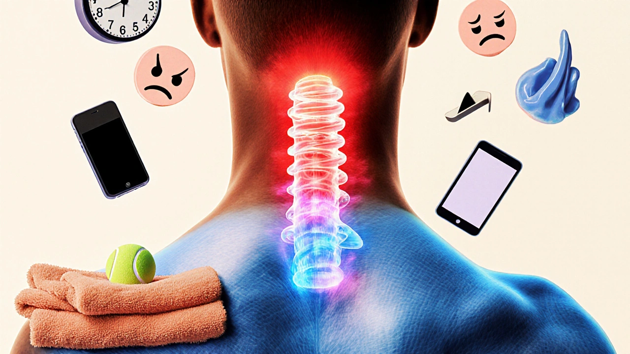 Conceptuele weergave van gespannen en ontspannen monnikskapspier met stresssymbolen.