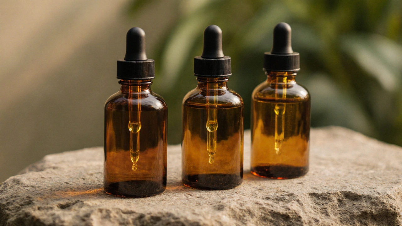 Drie natuurlijke massageoliën in glazen flessen met druppels die langzaam vallen op steen.