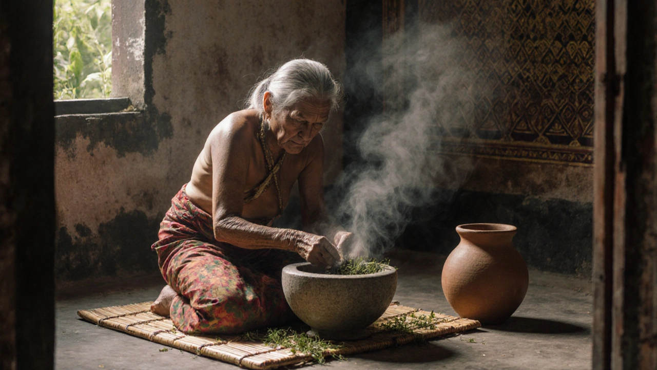 Een Balinese vrouw vermaalt kruiden in een stenen mortel met kokosolie in de ochtendmist.