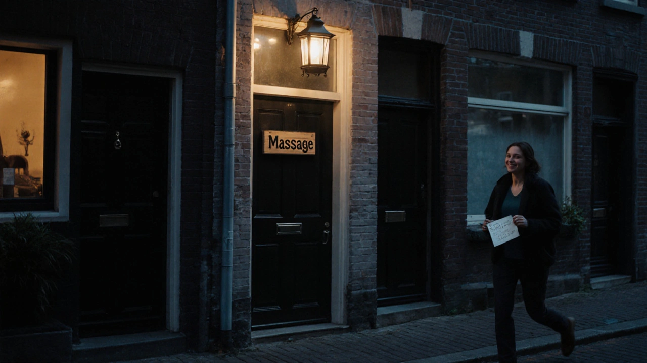 Een discrette deur met een houten bordje in een Amsterdams wijkstraat, zacht verlicht bij schemer.