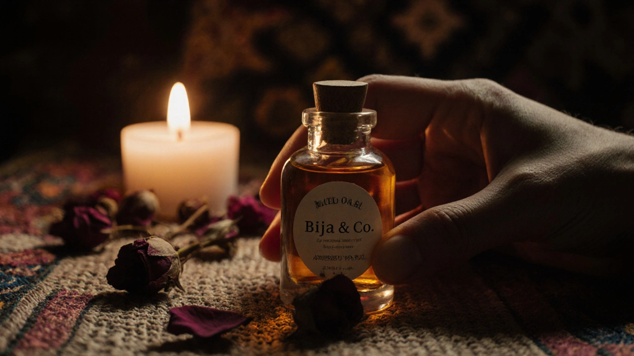 Een glazen fles met massageolie op een geweven doek met rozenblaadjes en een kaars.