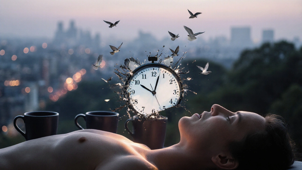 Een klok die smelt over een rug met cuppingbekers, symboliserend rust in een drukke wereld.