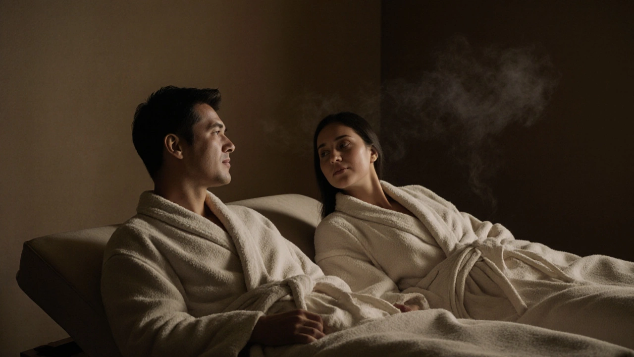 Een koppel kijkt elkaar aan na een massage, zonder woorden, maar met diepe verbinding in een rustige ruimte.