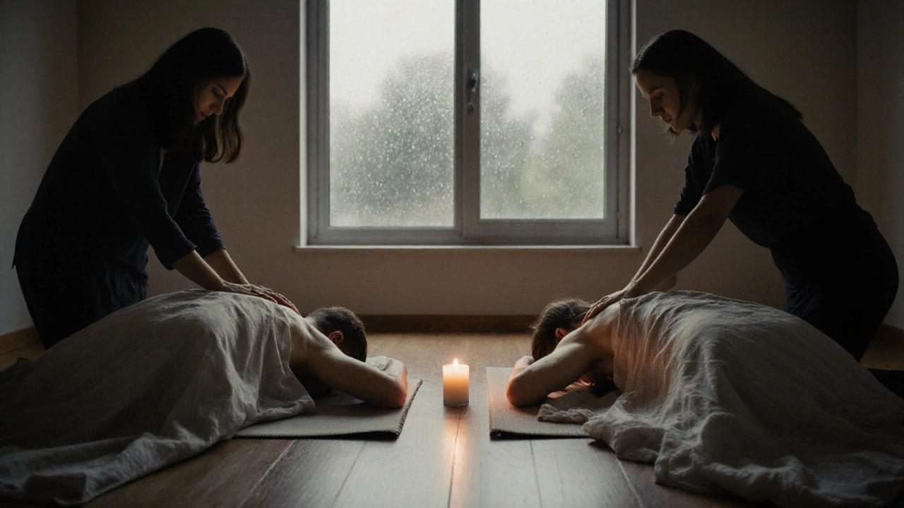 Een koppel ligt naast elkaar op matrassen, gedekt met linnen, terwijl therapeuten zachtjes hun rug aanraken in een rustige ruimte.